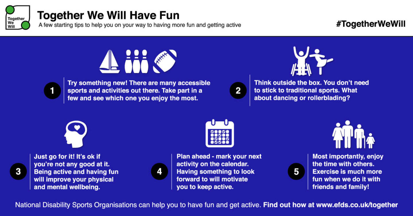 Image shows infographic showing five tips to help you have more fun being active.