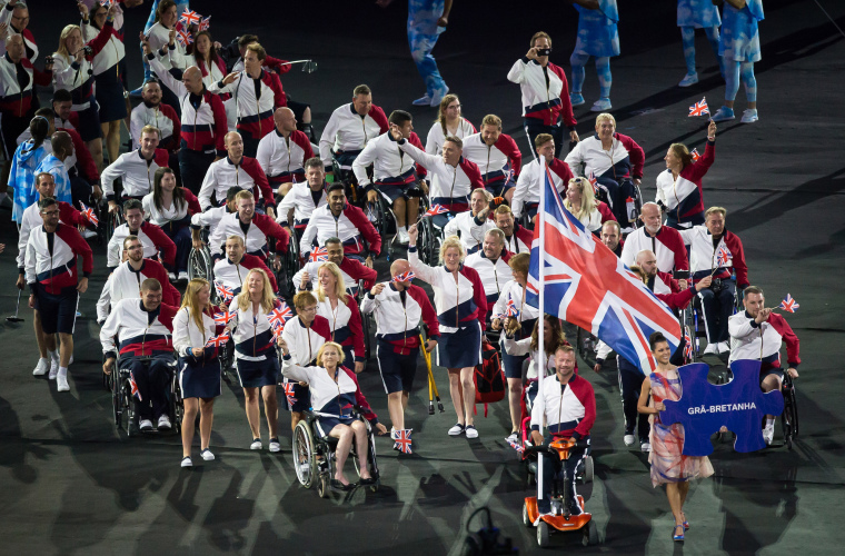 Image shows ParalympicsGB Team at opening ceremony for Rio 2016 Paralympic Games.