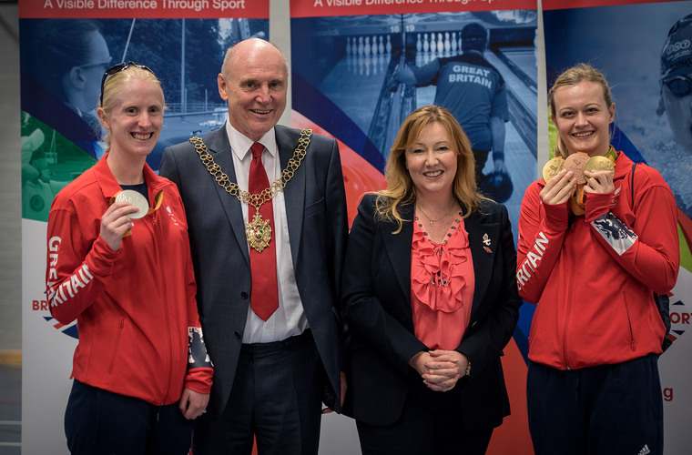Image shows Lord Mayor of Coventry, Alaina MacGregor and Parlympians Alison Patrick and Hannah Russell. Photo credit: British Blind Sport.  