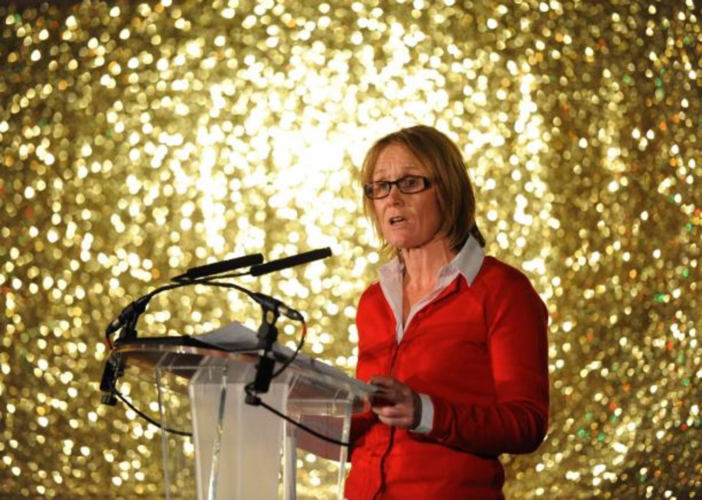 Image shows Penny Briscoe OBE giving a speech at an event. 