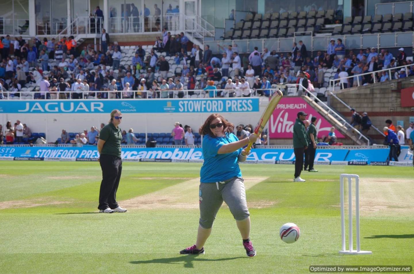 Lois batting during a game of visually-impaired cricket