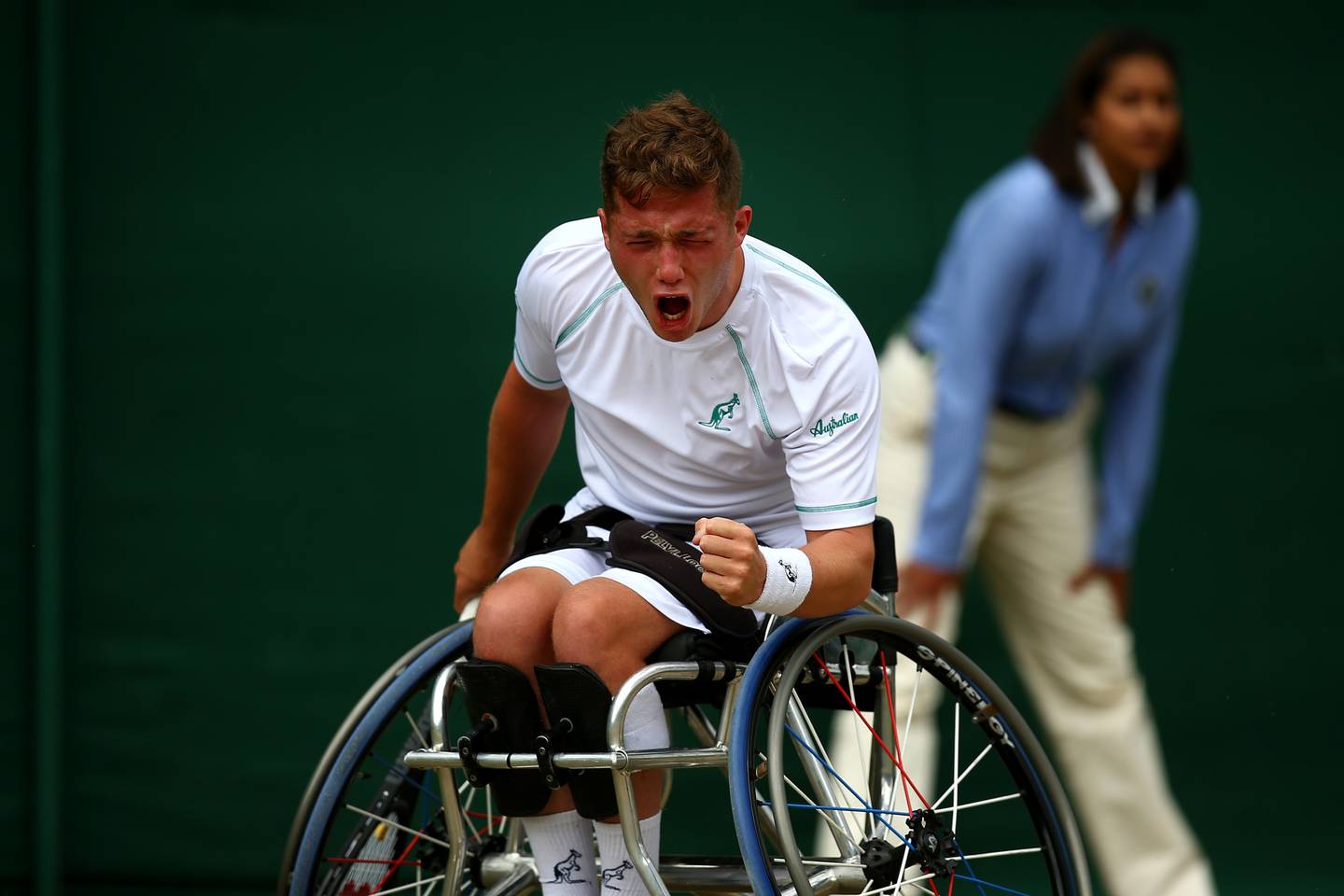 Alfie Hewett, wheelchair tennis player celebrating win at Wimbldeon 2017