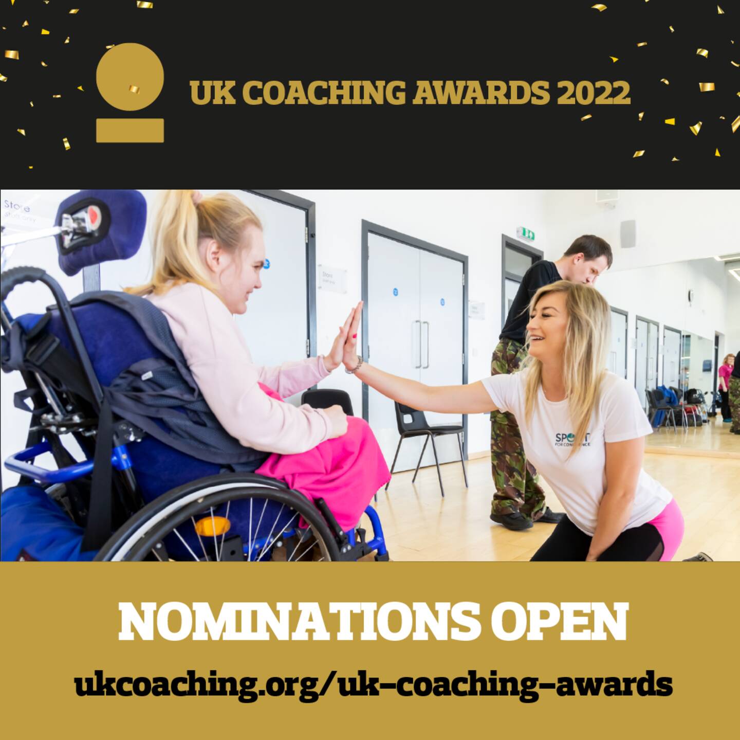 Girl in wheelchair high-fiving a female coach with text that reads, UK Coaching Awards 2022, nominations now open 
