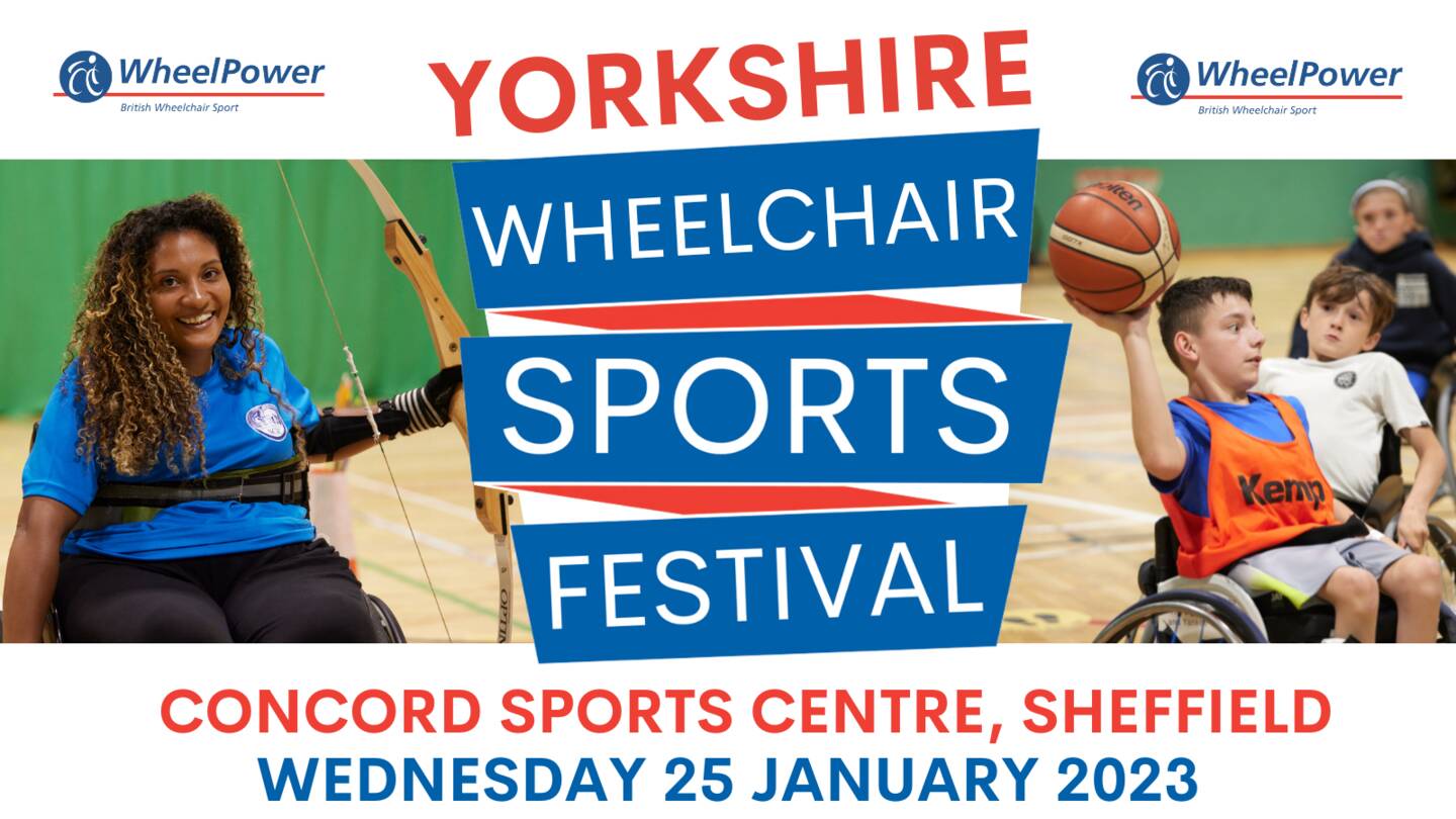 Image showing people playing wheelchair basketball and archery and the title Yorkshire Wheelchair Sports Festival.