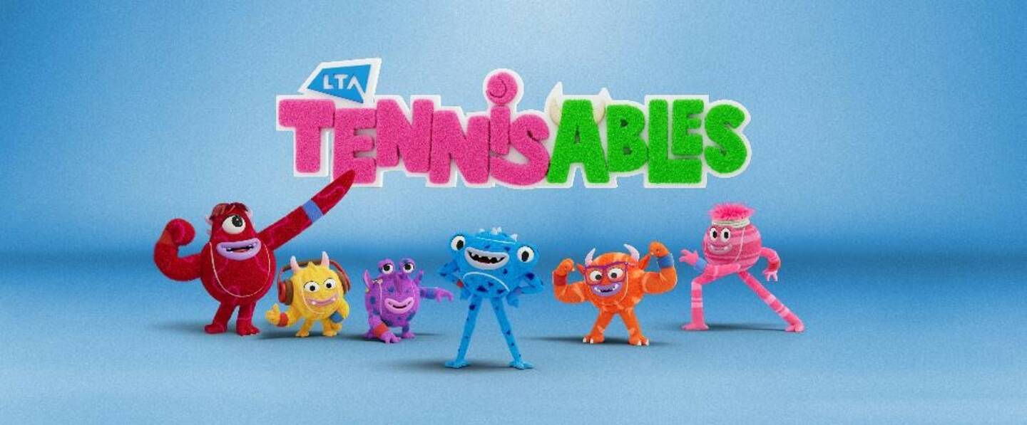 The LTA Tennisables six characters pose in a fun way under the LTA campaign logo.