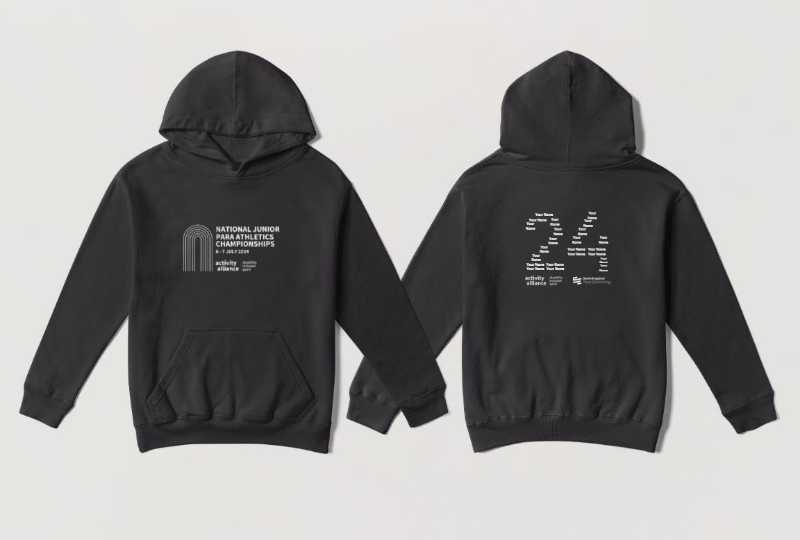 A black hooded sweatshirt, showing the front and back design.